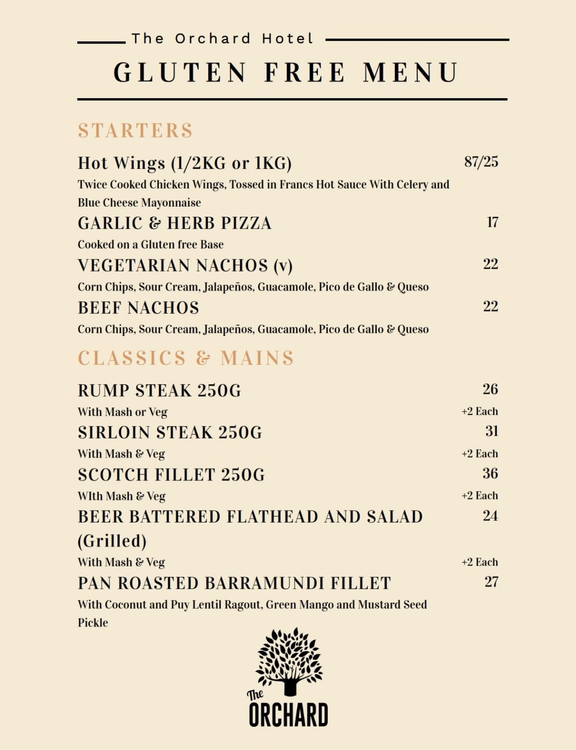 Gluten Free Menu The Orchard Hotel