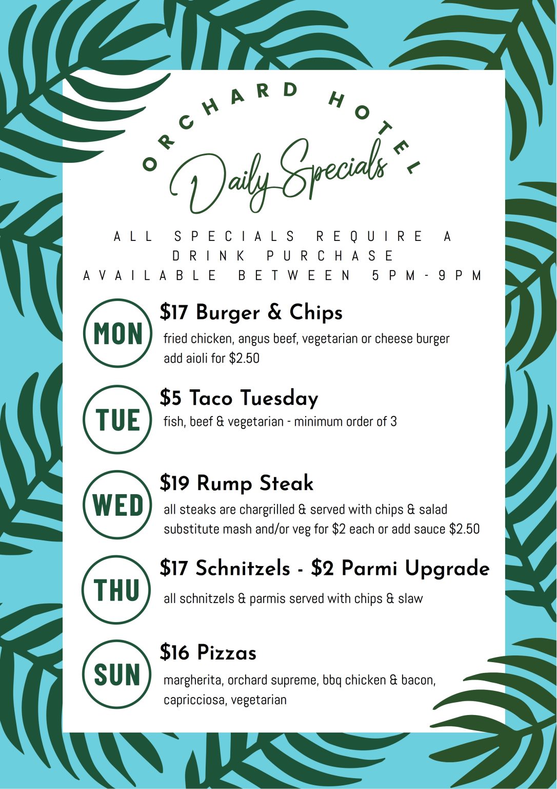 Weekly Specials - The Orchard Hotel